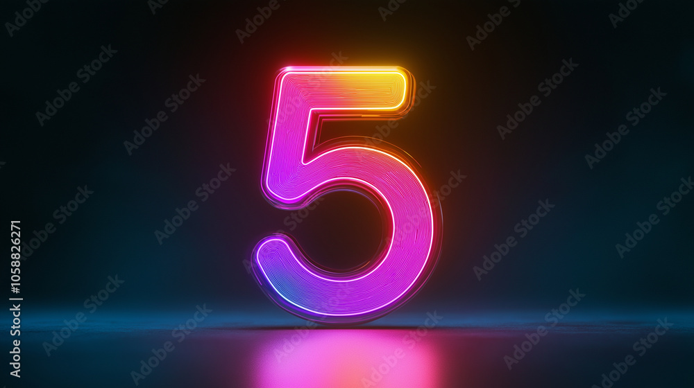 A striking image of a three-dimensional '5' illuminated in vibrant neon colors, set against a dark gradient background, exuding a sense of energy and modern style. A striking image of a three-dimensional '5' illuminated in vibrant neon colors, set against a dark gradient background, exuding a sense of energy and modern style.