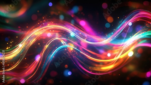 Vibrant flowing lines of colorful light against a dark abstract backdrop