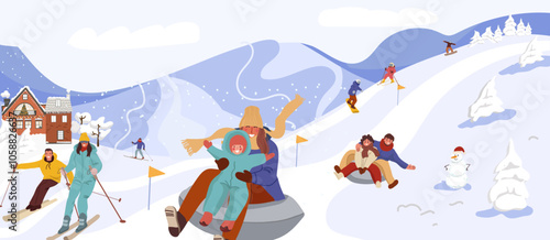 People snowboarding and riding tubing at ski resort. Skiers and snowboarders rolling from snowy mountain slope. Outdoor winter sports activities. Colored flat vector illustration hand drawn art