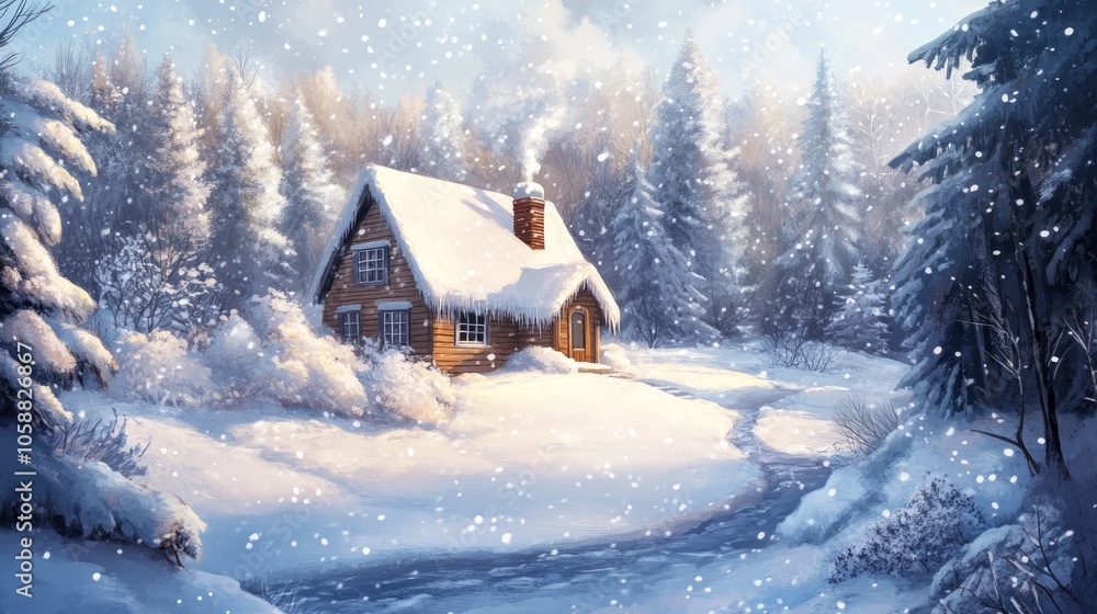 Illustration of a cozy house surrounded by snow in a forest during winter showcasing a serene outdoor snowy landscape Illustration of a cozy house surrounded by snow in a forest during winter showcasing a serene outdoor snowy landscape