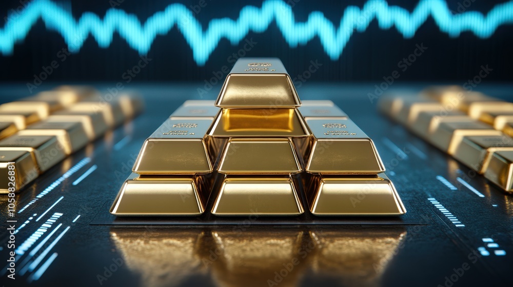 A collection of gold bars stacked prominently on a reflective surface, with a digital wave pattern in the background, symbolizing wealth and investment. A collection of gold bars stacked prominently on a reflective surface, with a digital wave pattern in the background, symbolizing wealth and investment.