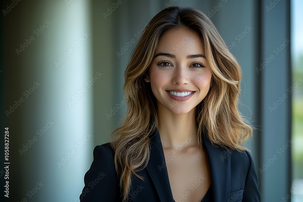 Smiling Businesswoman in Black Blazer with Brown Hair and Earrings in Studio Smiling Businesswoman in Black Blazer with Brown Hair and Earrings in Studio