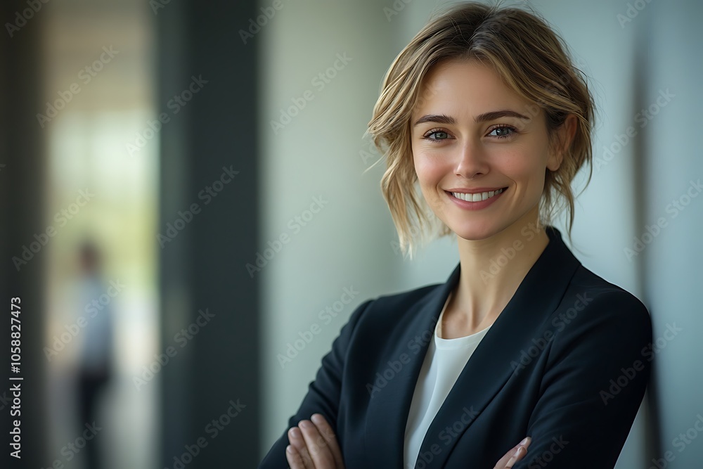 Smiling Businesswoman in Black Blazer with Confidence and Ambition Smiling Businesswoman in Black Blazer with Confidence and Ambition