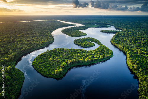 Aerial view of a winding river through a lush green forest