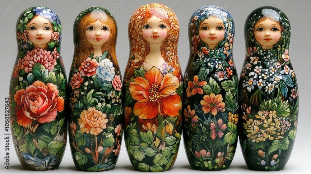 Hand-Painted Russian Nesting Dolls with Floral Motifs Hand-Painted Russian Nesting Dolls with Floral Motifs
