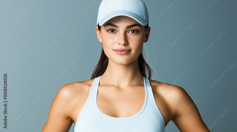 Portrait of a young woman in a light blue sports bra and cap against a neutral background, looking confidently at the camera. Portrait of a young woman in a light blue sports bra and cap against a neutral background, looking confidently at the camera.