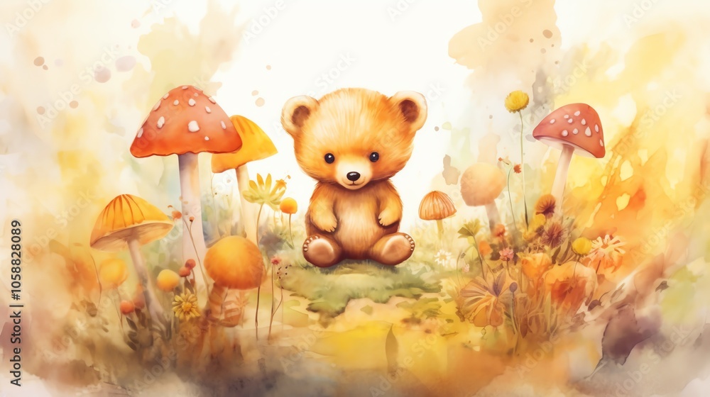 A cute teddy bear sitting in a forest surrounded by mushrooms and flowers. A cute teddy bear sitting in a forest surrounded by mushrooms and flowers.