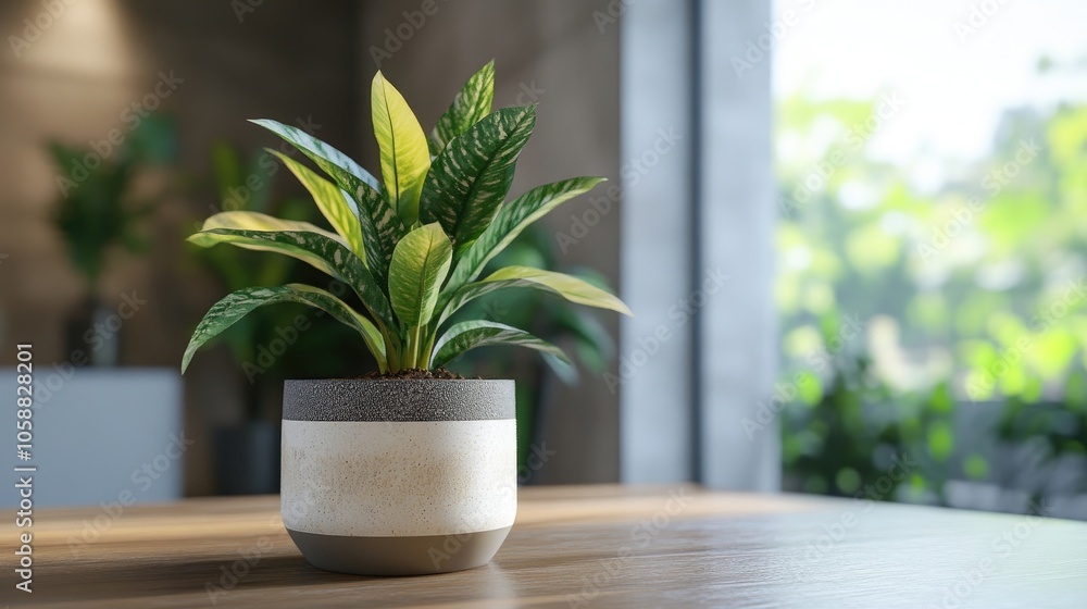 Contemporary potted plant on a wooden table within a stylish interior setting. This modern potted plant adds a fresh touch to any house interior, providing a vibrant atmosphere with ample copy space. Contemporary potted plant on a wooden table within a stylish interior setting. This modern potted plant adds a fresh touch to any house interior, providing a vibrant atmosphere with ample copy space.