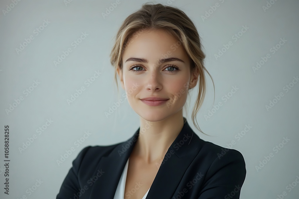 Smiling Businesswoman in Black Blazer with Long Hair and Clean Skin. Smiling Businesswoman in Black Blazer with Long Hair and Clean Skin.