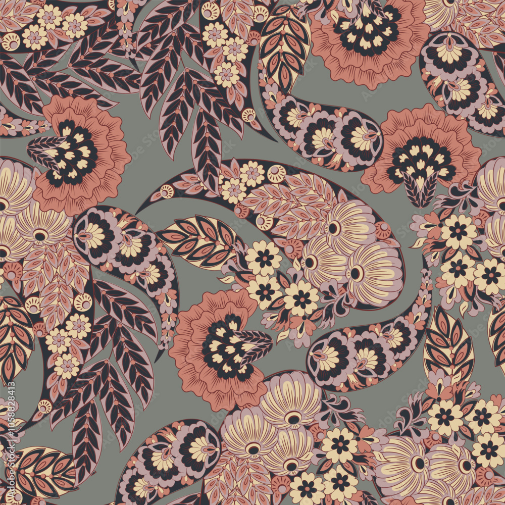Digital vector textile print. Seamless Design suitable for covers, fabrics, textiles, wrapping paper, featuring an antique Thai pattern Paisley Indian motifs and decorative floral elements Digital vector textile print. Seamless Design suitable for covers, fabrics, textiles, wrapping paper, featuring an antique Thai pattern Paisley Indian motifs and decorative floral elements