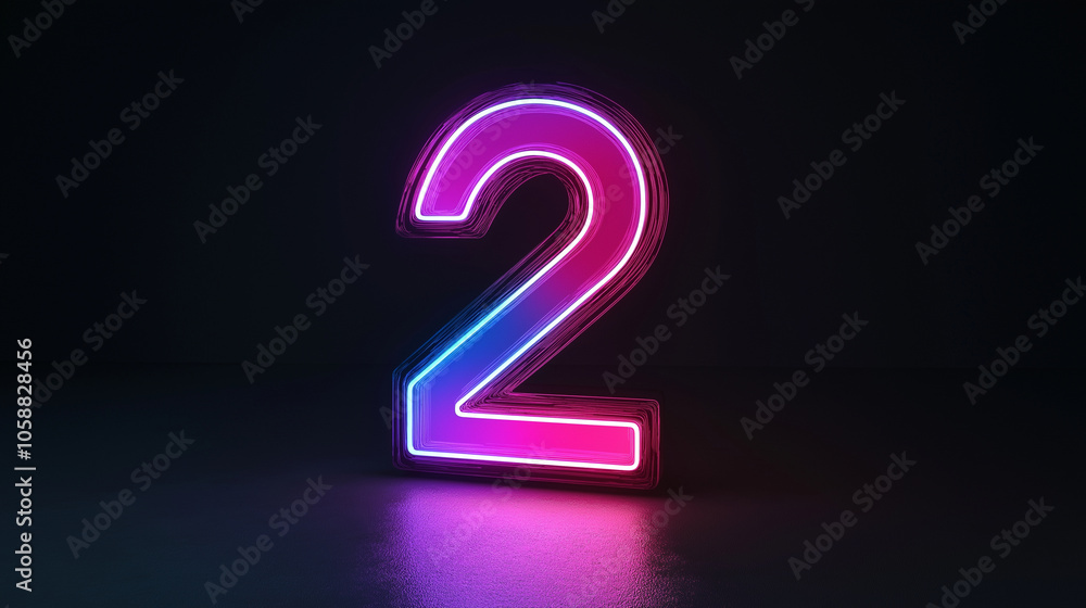 A brightly illuminated neon number two is prominently displayed against a dark background, showcasing a modern and sleek artistic design with vibrant colors. A brightly illuminated neon number two is prominently displayed against a dark background, showcasing a modern and sleek artistic design with vibrant colors.