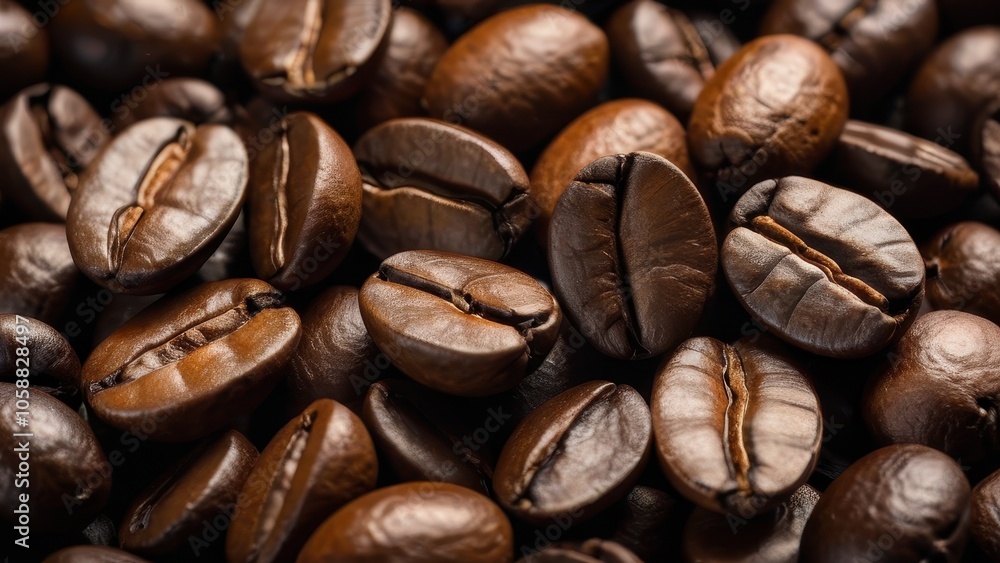Close-up view of rich, dark roasted coffee beans, highlighting their glossy surface and unique texture. Perfect for coffee enthusiasts and branding Close-up view of rich, dark roasted coffee beans, highlighting their glossy surface and unique texture. Perfect for coffee enthusiasts and branding