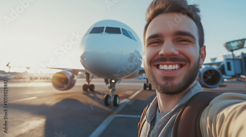 A caucasian man takes a selfie with a broad smile in front of a large airplane parked on the tarmac during sunset, capturing the essence of travel excitement.