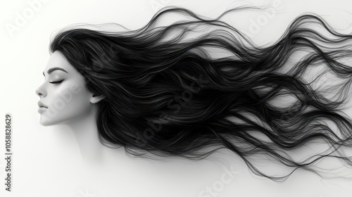 long windblown hair takes center stage against a stark white background, rendered in stunning 3d illustration, conveying movement and elegance in a captivating visual