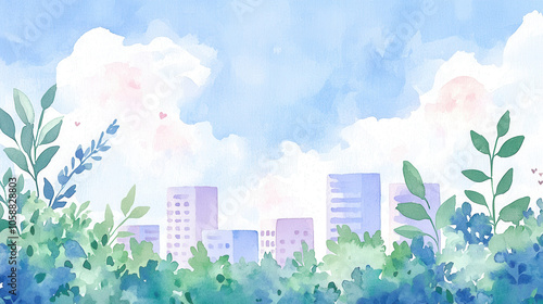 A serene watercolor scene depicting a city skyline among lush greenery and blue skies, highlighting nature's beauty within an urban landscape.