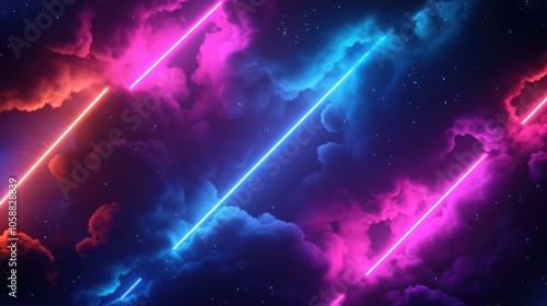 Digital neon lines intersecting clouds at night against a dark backdrop Abstract high tech design suitable for wallpaper backgrounds and banners A breakthrough in modern visual art