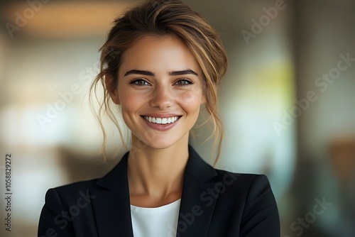 Smiling Businesswoman in Black Blazer with White Teeth and Bright Eyes