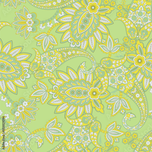 Gorgeous paisley seamless vector pattern with fantastic flowers and leaves. Bohemian textile print inspired by batik. Vintage style