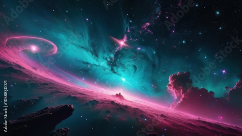 A captivating cosmic scene showcasing a colorful nebula, swirling galaxies, and distant stars, perfect for science fiction themes or space exploration photo