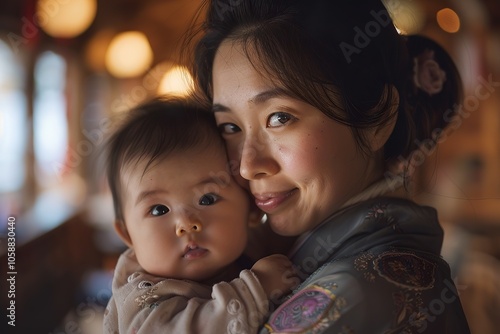 Mother holding baby with warm expression in indoor setting