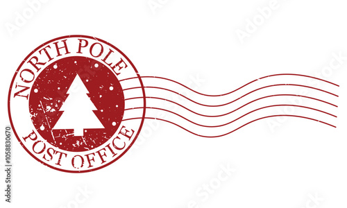 Red Christmas and New Year postal vector stamp with christmas tree. North pole post office. Grunge texture.