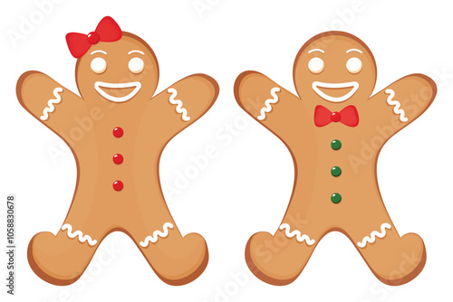 Gingerbread man and woman sweet cookies isolated on white background. Christmas elements. Vector illustration eps.