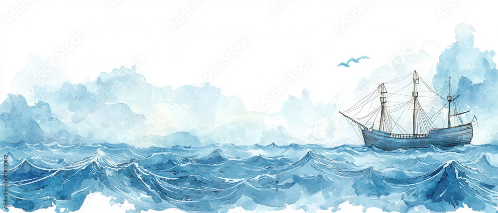 Obraz premium A serene watercolor scene depicts a sailing ship on a vast ocean under a cloudy sky.