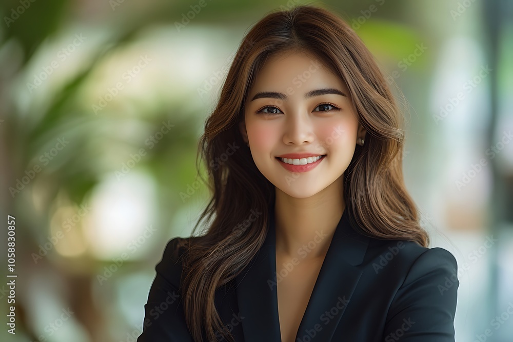 Smiling Businesswoman in Black Suit with Long Brown Hair Portrait Smiling Businesswoman in Black Suit with Long Brown Hair Portrait