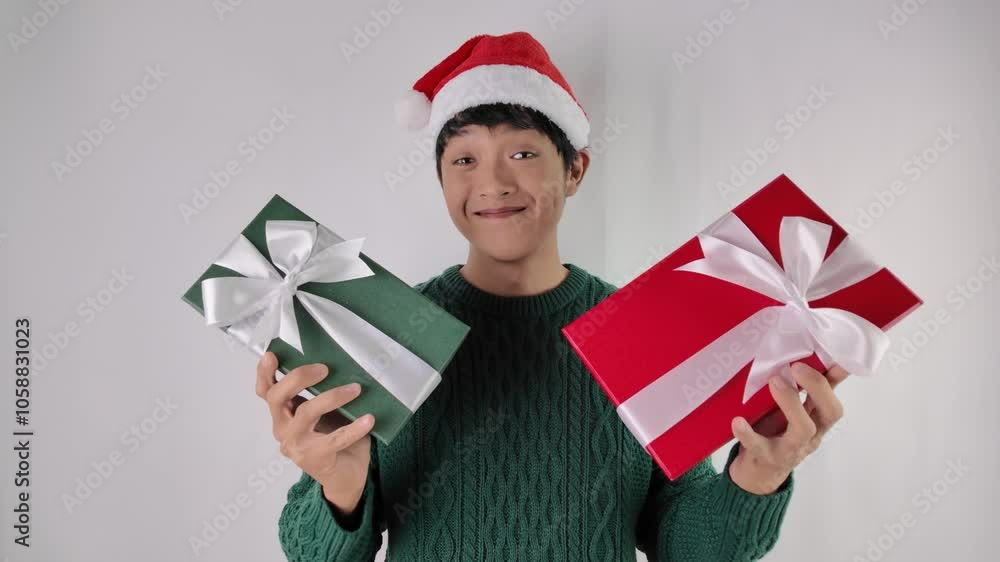 Excited young asian man wearing santa clause hat and green long sleeved sweater is dancing while carrying two large gift box, isolated over white background. Concept for Christmas and New Year Party Excited young asian man wearing santa clause hat and green long sleeved sweater is dancing while carrying two large gift box, isolated over white background. Concept for Christmas and New Year Party