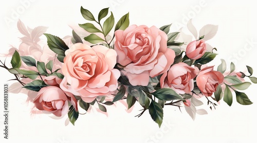 A delicate arrangement of pink roses and green leaves on a white background.