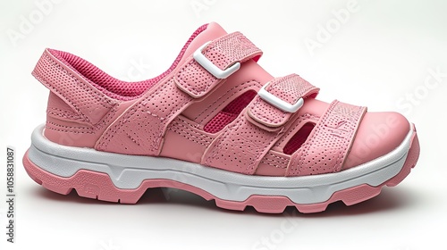 Pink children's sandals with white soles and velcro fasteners, isolated on white for marketing