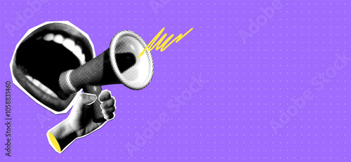 Modern collage with screaming mouth and loudspeaker on lilac background. Halftone newspaper elements. Advertising banner with bullhorn, copy space. Woman shouting into loudspeaker