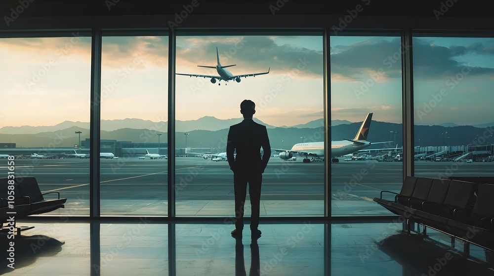 Fototapeta premium Professional Businessman Watching Planes Takeoff from VIP Airport Lounge