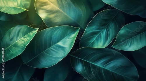 lush green leaf close-up, showcasing intricate veins and texture, vibrant shades of green illuminated by soft sunlight, emphasizing a serene and sustainable atmosphere