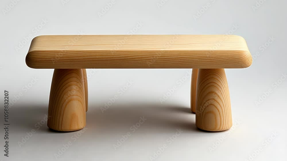 A wooden bench with rounded legs sits on a white background A wooden bench with rounded legs sits on a white background
