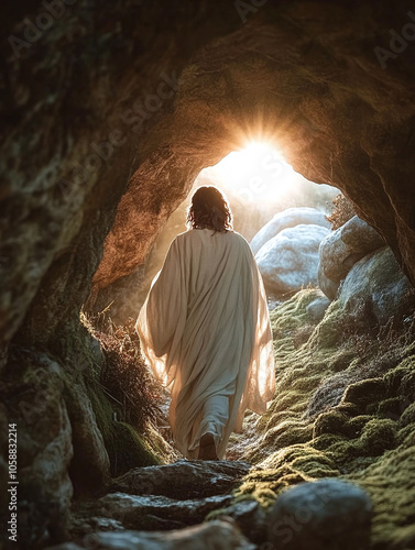 Resurrected Jesus stepping out of a cave tomb with sunlight in the background