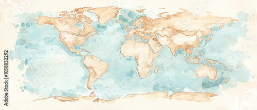 A soft watercolor world map featuring light blue and beige tones, perfect for educational or decorative purposes.
