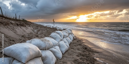 Sandbag barricades are positioned on the beach in preparation for the approaching storm, intended to provide protection against potential flooding and erosion.