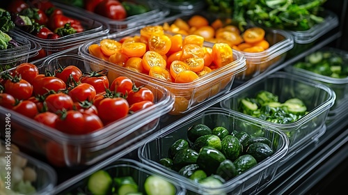 Pre-packaged vegetable salads displayed inside commercial fridge