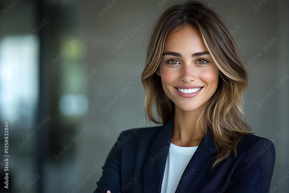 Smiling Businesswoman in Blue Suit with Blonde Highlights Smiling Businesswoman in Blue Suit with Blonde Highlights