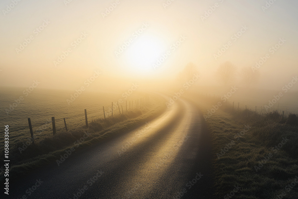 Winding country road at sunrise with fog covering the landscape Winding country road at sunrise with fog covering the landscape