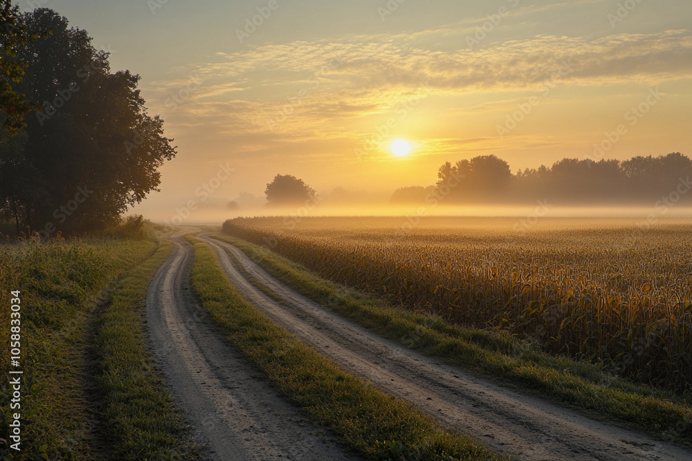 Misty sunrise over a winding country road at dawn Misty sunrise over a winding country road at dawn