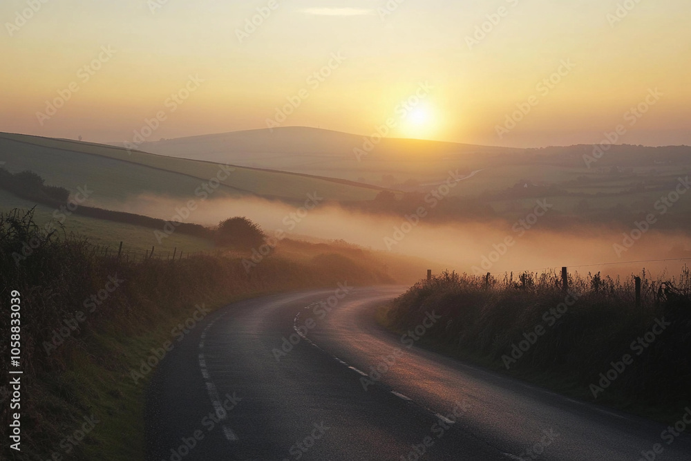 Serene sunrise over winding country road in tranquil landscape Serene sunrise over winding country road in tranquil landscape
