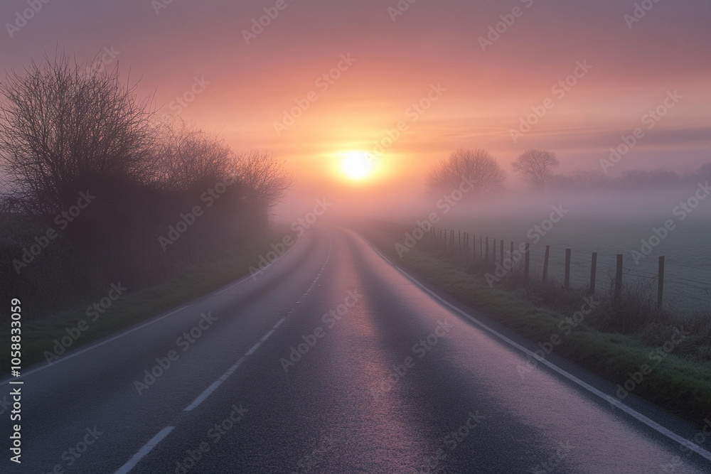Fototapeta premium Foggy sunrise over a winding road in early morning light