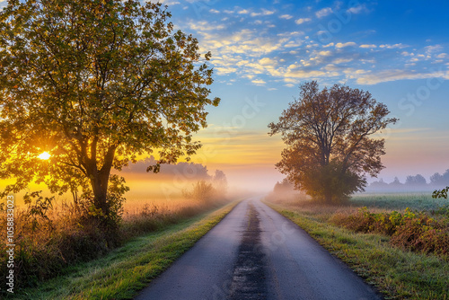 Golden sunrise illuminating a foggy country road