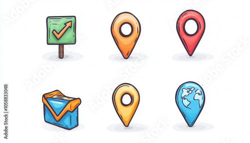 A collection of colorful location and navigation icons, including a checkmark sign, various map pins, and an envelope, symbolizing communication and mapping. Free Download A collection of colorful location and navigation icons, including a checkmark sign, various map pins, and an envelope, symbolizing communication and mapping. - GFXLoad