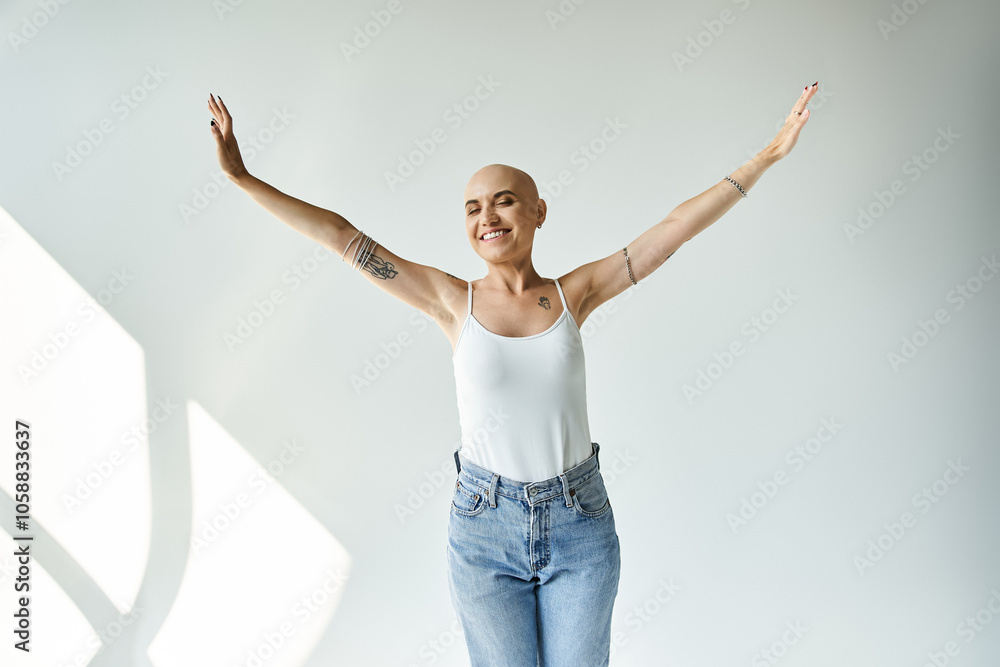 A confident young woman shows her radiant smile while celebrating her individuality. A confident young woman shows her radiant smile while celebrating her individuality.