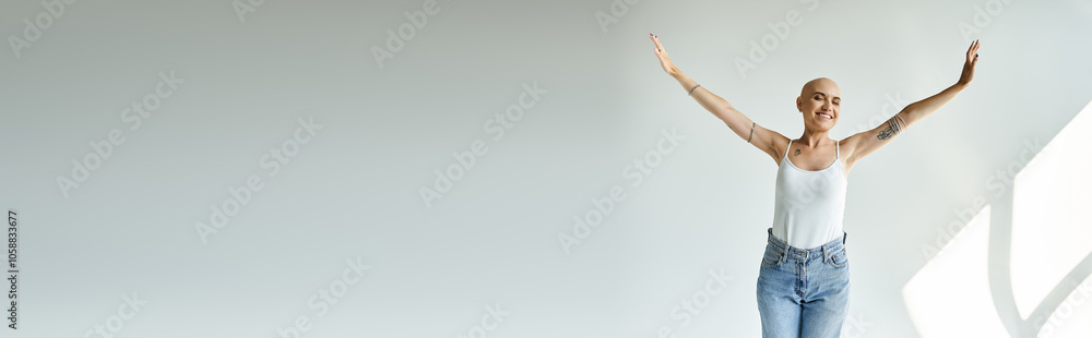A young bald woman joyfully poses in a bright, airy space, embracing her uniqueness. A young bald woman joyfully poses in a bright, airy space, embracing her uniqueness.