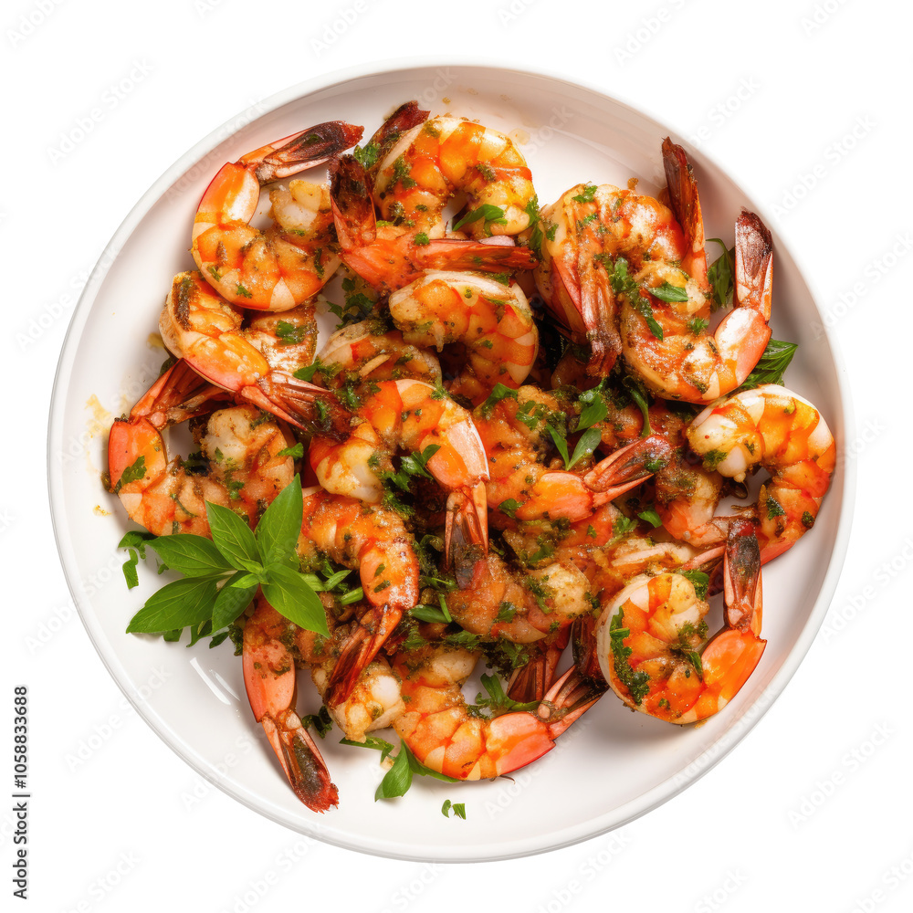 Close-up of a plate with cooked shrimp seasoned with herbs on transparent background Close-up of a plate with cooked shrimp seasoned with herbs on transparent background