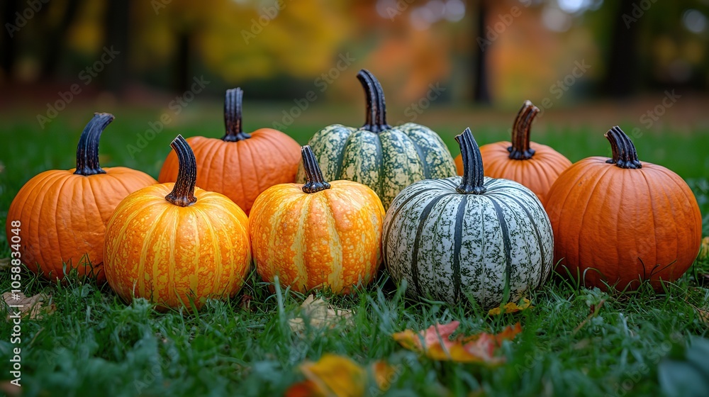 Pumpkins and gourds on grass with an autumn park scene in the background, featuring soft sunlight and warm fall tones Pumpkins and gourds on grass with an autumn park scene in the background, featuring soft sunlight and warm fall tones